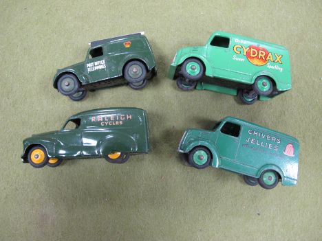 Four Dinky Toys Diecast Model Vans: #472 Austin A40 'Raleigh Cycles', #452 Trojan 'Chivers Jellies', #454 Trojan 'Cydrax', #2