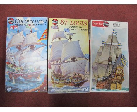 Three Airfix Plastic Model Ship Kits, comprising of #09257-1 St Louis, #09258-4 Golden Hind, #09256-8 WASA, some parts loose 