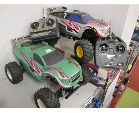 Two Tamiya 1/10th Scale R/C "Dual Hunder" Sports Vehicles, with controllers (may not be compatible), playworn, components not