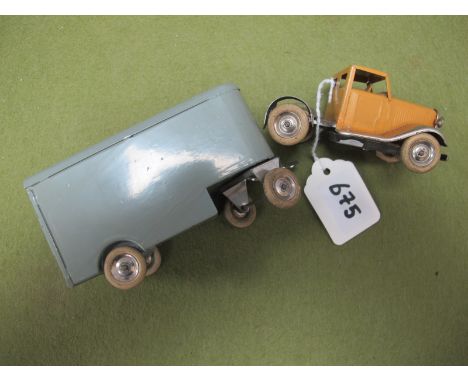 A Triang Minic Clockwork Tinplate Model Mechanical Horse and Pantechnicon Trailer, light brown cab, repainted grey trailer, k