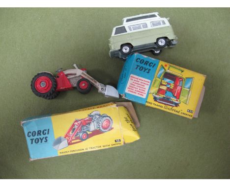 Two Corgi Toys Diecast Model Vehicles, comprising of #53 Massy-Ferguson 65 tractor with shovel, red bonnet, cream engine, sil