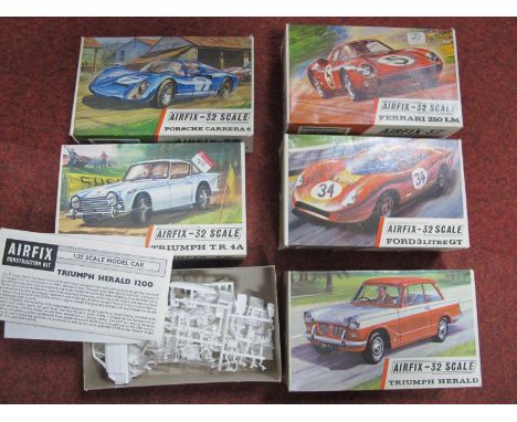 Five Airfix 32 Scale Series 2 Plastic Model Kits, comprising of Triumph T.R.4A, Porsche Carrera 6, Ferrari 250 LM, Triumph He