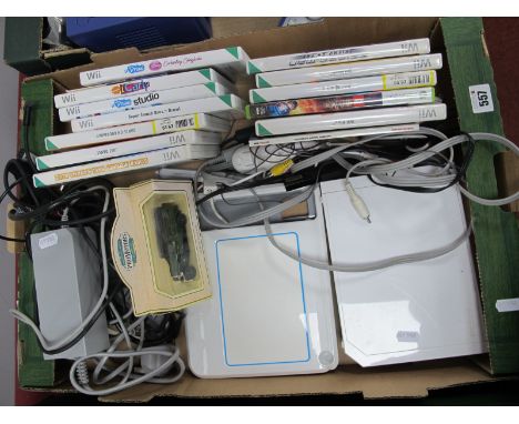 A Nintendo Wii Gaming Console, one controller, Udraw Game Tablet, Wii Sensor Bar, games to include Super Monkey Ball Banana B