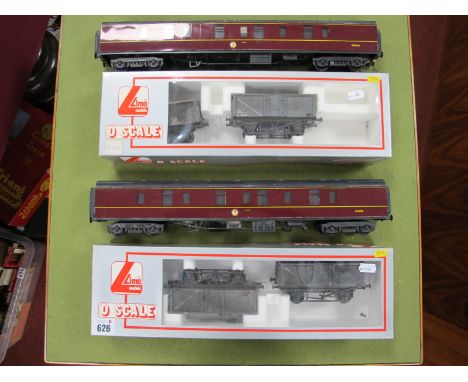 Two Lima "O" Gauge BR Maroon Brake Coaches, together with two boxed Lima "O" Gauge Ref 316730, 316754 open wagon pairs.