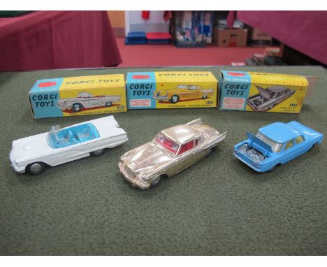 Three Corgi Toys Diecast Model Vehicles, comprising of #215 Ford Thunderbird Open Sports, white body, blue interior, chipping