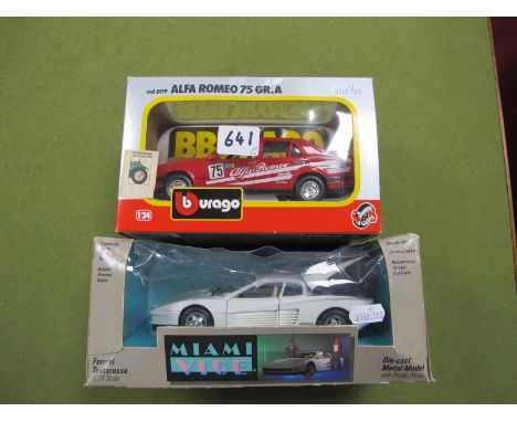 Two Burago 1:24th Scale Diecast Model Cars, Miami Vice white Ferrari Testarossa (box crushed and tear top box front), #COD.01