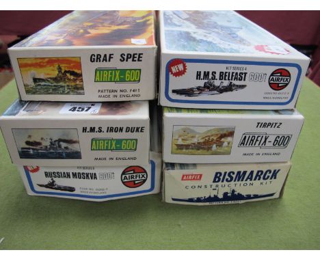 Five Airfix 1:600 Scale Plastic Model Warship Kits, comprising of #04212-3 HMS Belfast, F4115 Graf Spee, '05202-9 Russian Mos