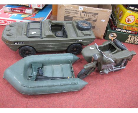 A Vintage Action Man Amphibious U.S Army Vehicle, Cherilea motorcycle and sidecar, dinghy, small parts missing, playworn.