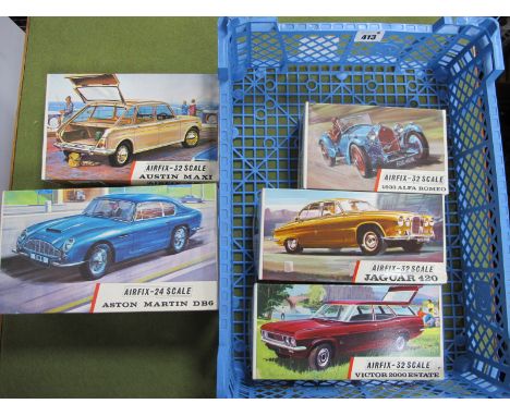 Five Airfix 32 and 24 Scale Plastic Model Kits, comprising of Austin Maxi (53), 1933 Alfa Romeo (52), Jaguar 420 (53), Victor