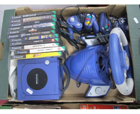 A Nintendo Gamecube Games Console, two controllers, Play on X-Racer steering wheel, accessory, games to include Crazy Taxi, D