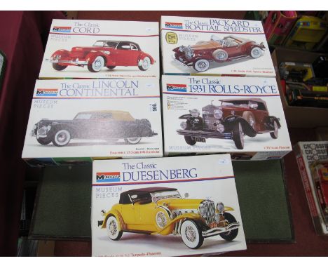 Five Monogram 1:24th Scale Classic Automobile Plastic Model Kits, comprising of #8201, Duesenberg #23031931 Rolls Royce, #230