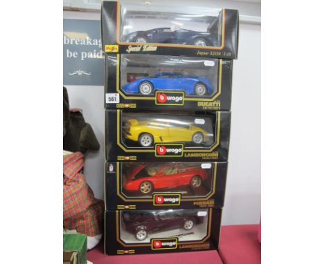 Five Boxed 1:18th Scale Diecast Model Vehicles by Burago, Maisto comprising of Cod 3041 Lamborghini Diablo (1990), COD 3039 F