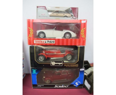 Four Diecast Model Cars, comprising of 1:16 Tonka Polistil MGA Twin Cam, 1:18 Solido #8029 Citroen 2CV 1966, 1:18 Burago #301