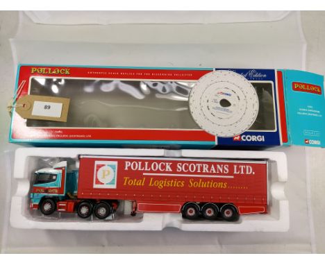 Manufacturer  - Corgi | Description - Scania Curtainside - Pollock (Scotrans) Ltd | Stock Code - 76401 | Notes - GC-Box worn|