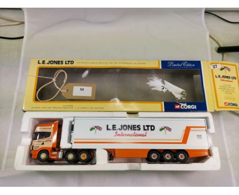 Manufacturer  - Corgi | Description - Scania Topline &amp; Fridge Trailer - L E Jones Ltd | Stock Code - CC12908 | Notes - GC