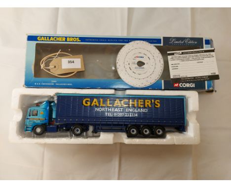 Manufacturer  - Corgi | Description - MAN Curtainside - Gallacher Bros | Stock Code - 75803 | Notes - GC - Box worn| Scale - 