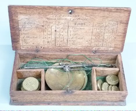 18thC / early 19thC T Brooksby, Wood Street, London, cased travelling beam scale with coin weights listed to inside of lid, w