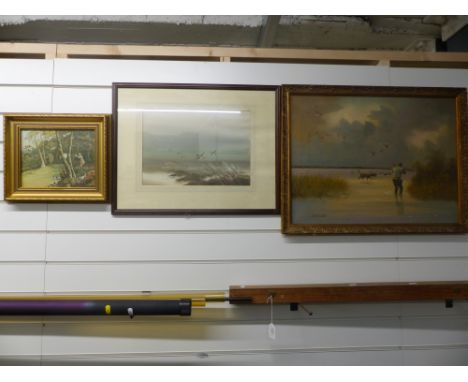 Oil on canvas of a wildfowling scene and two prints of shooting and wildfowl, largest 45 x 48cm