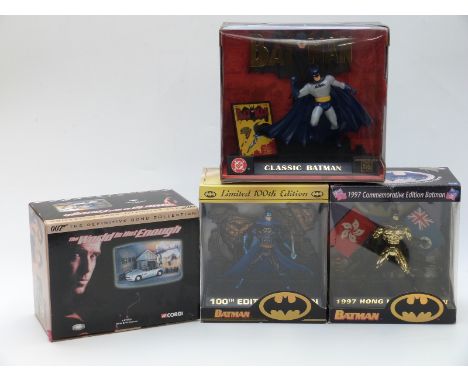 Three Kenner Batman action figures limited 100th edition, 1997 commemorative edition #2 together with a Corgi James Bond 007 
