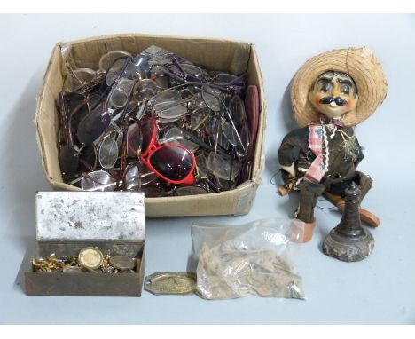 &nbsp;Large quantity of spectacles, Mexican or similar style puppet, Serpentine lighthouse, buttons, keys and a quantity of m