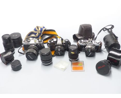 A quantity of Olympus OM system cameras, lenses and accessories including OM40 program with 1:1.8 f=50mm lens, OM-2 with 1:3.