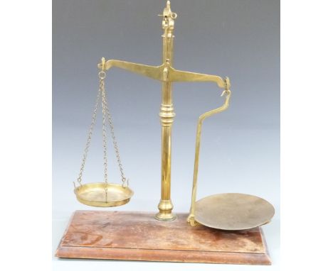 W &amp; T Avery Ltd brass banker's or similar beam scale on wooden base, H60cm