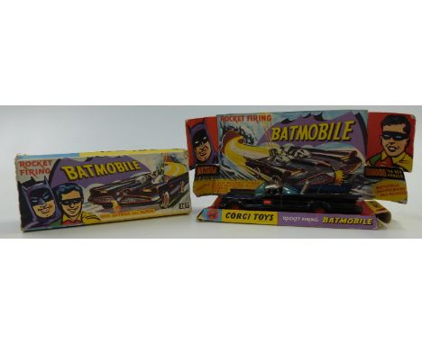 Corgi Toys diecast model Batmobile 1st type with no tow hook, black body, figures and bat logo hubs 267, in original box with