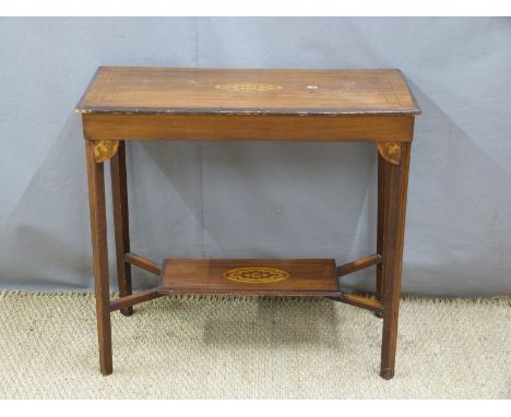 A 19thC inlaid side table with shelf below, W78 x D42 x H70cm and an inlaid cupboard with drawer above, width 61cm