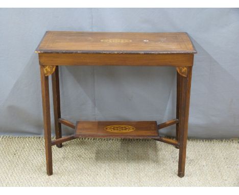 A 19thC inlaid side table with shelf below, W78 x D42 x H70cm and an inlaid cupboard with drawer above, width 61cm