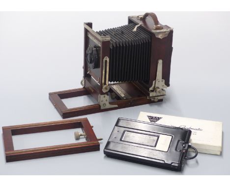 Gundlach Korona folding plate camera with Goerz 1:6.8 168mm lens, in fitted box with accessories including Wray Grafmatic 45 