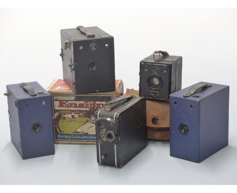 Boxed Ensign box camera, two vintage Blue Ensign E29 box cameras and a Coronet 9.5mm cine camera