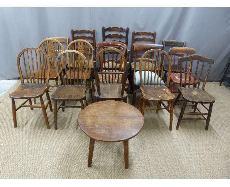 Sixteen 19thC and later chairs to include three rush seated ladder back examples, two 19thC upholstered dining chairs, six wh
