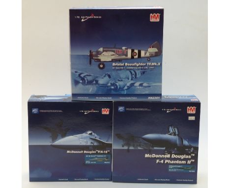 Three Hobby Master 1:72 scale diecast model aeroplanes Bristol Beaufighter TF.MK.X HA2301, McDonnell Douglas F/A-18 HA3537 an