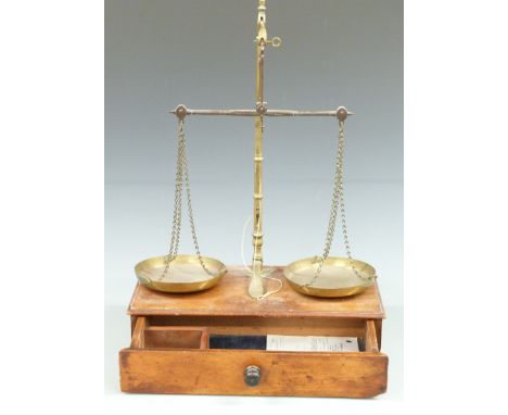 Degrave &amp; Co, London, brass travelling banker's or similar beam scale with drawer below, H58cm