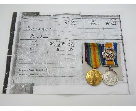 British Army WWI medals comprising War Medal and Victory Medal named to 30122 Pte&nbsp;S Gartland, Grenadier Guards, together