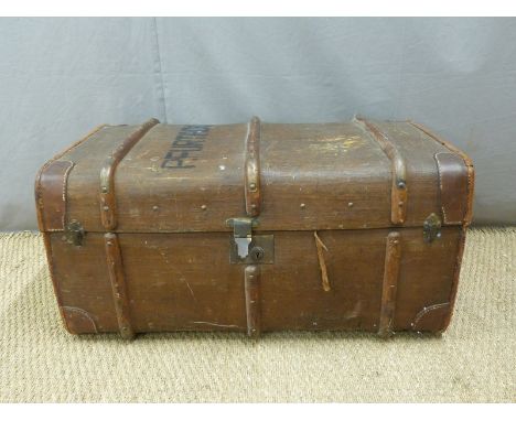 Ash bound travelling trunk with leather reinforced corners, width 85cm