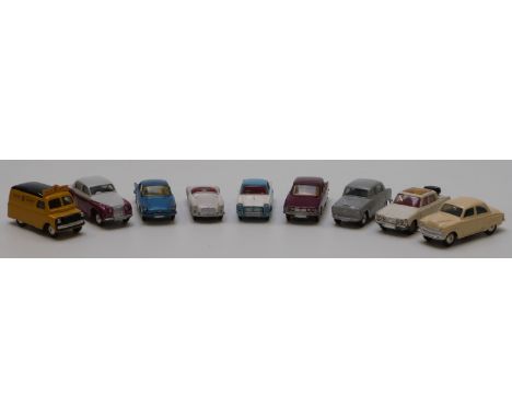 Nine Corgi Toys diecast model vehicles comprising Bedford AA Road Service Van 408, Vauxhall Velox 203, Austin Cambridge 201, 