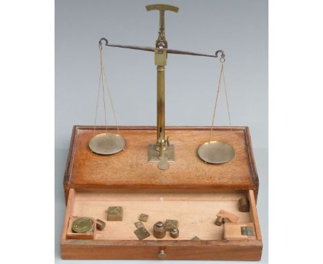 18thC/early 19thC probably French bullion scales, the drawer housing a run of cup weights and various other weights