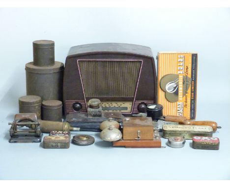 Quantity of collectables to include vintage Bakelite radio, battery tester, Rabone steel tape measure, telephone bell, tins e