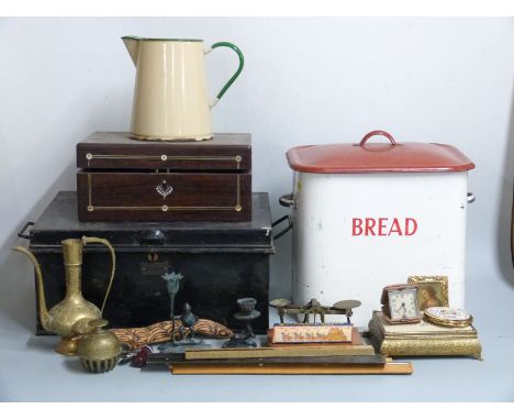 Vintage twin-handled enamel bread bin, jug, metal deed box with lift-out tray, brassware, scales, boxwood rules etc