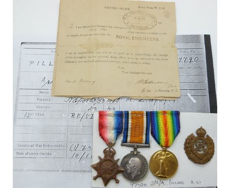 British Army WWI medals comprising 1914/1915 Star, War Medal and Victory Medal named to 97790 SPR A Pilling, Royal Engineers,