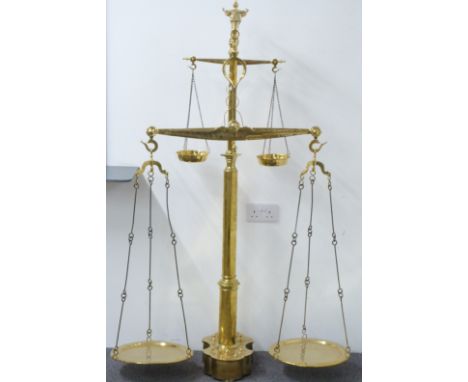 19thC Portuguese brass bull's head double floor standing beam scale, with weights to base from 5kg to 5g, many parts with pro