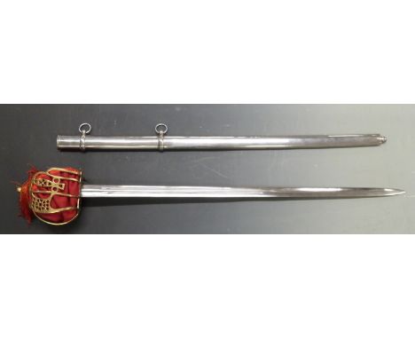 Scottish Claymore broad sword with brass basket hilt and metal scabbard, blade length 84cm&nbsp;