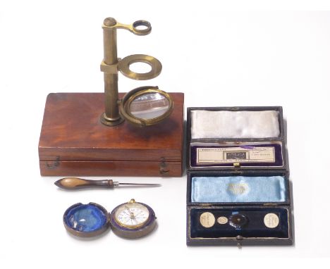 Cased field microscope, two cased slides including one of a vase of flowers composed of 421 pieces by Watson &amp; Son and a 