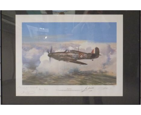 Royal Air Force Geoff Nutkins Hurricane print with signatures including 'Jas' Storrar, 64 x 48cm&nbsp;&nbsp;