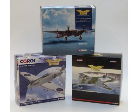 Three Corgi The Aviation Archive 1:72 scale limited edition diecast model aeroplanes DH Vampire FB.9 AA37302, Hawker Sea Hurr