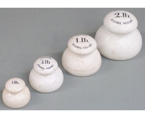 A run of four ceramic bun weights from 2lb to 1/4lb, the largest three marked Imperial Enamel weight, the largest indistinctl