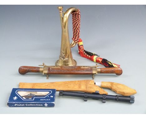 Rifle scope, military bugle, knives, Indian carving set etc