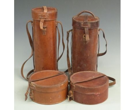 Two WWI officer's Thermos flask leather case holders together with two leather collar cases&nbsp;