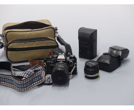 Olympus OM10 SLR camera with 50mm 1:1, 8 lens and Tamron 1:2.8 - 3.8 35 - 80mm lens etc